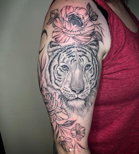 Tattoos - Dayton Smith Tiger and Flowers - 143063